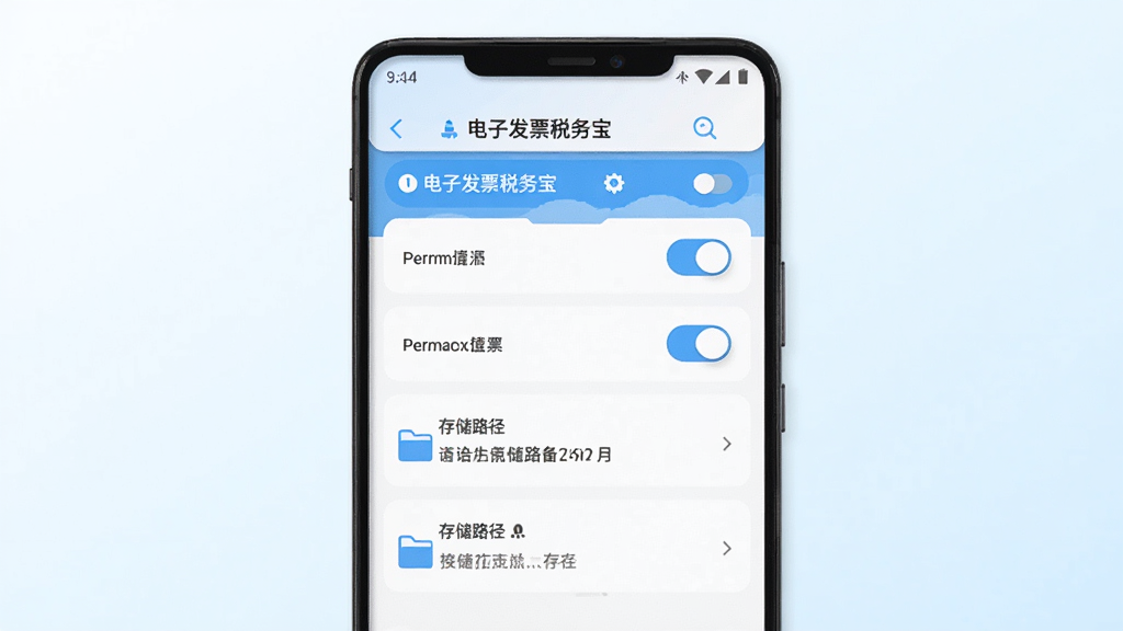 主体为一部安卓手机,屏幕显示电子发票税务宝的设置界面,界面中有权限开关和存储路径选项;布局为手机正面展示,背景为浅色渐变;排版突出设置选项的层次感;风格为清爽的UI界面展示,色调以白色和浅蓝为主;细节包括开关按钮、文件夹路径文字、提示图标;画质清晰,干净,无多余元素