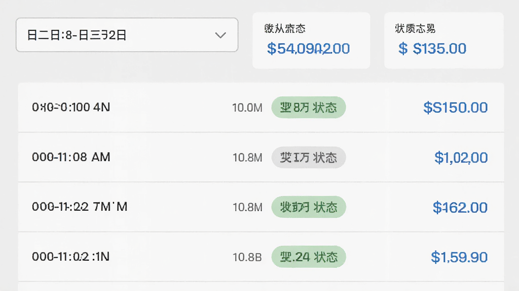 店收盈交易流水明细界面展示,画面为纵向排列的流水列表,每条记录包含时间、金额与状态标签,顶部为日期筛选栏与汇总金额卡片,布局为上下结构,风格素雅极简,细节包含浅灰色分隔线与蓝色金额数字,画质清晰干净,无多余元素