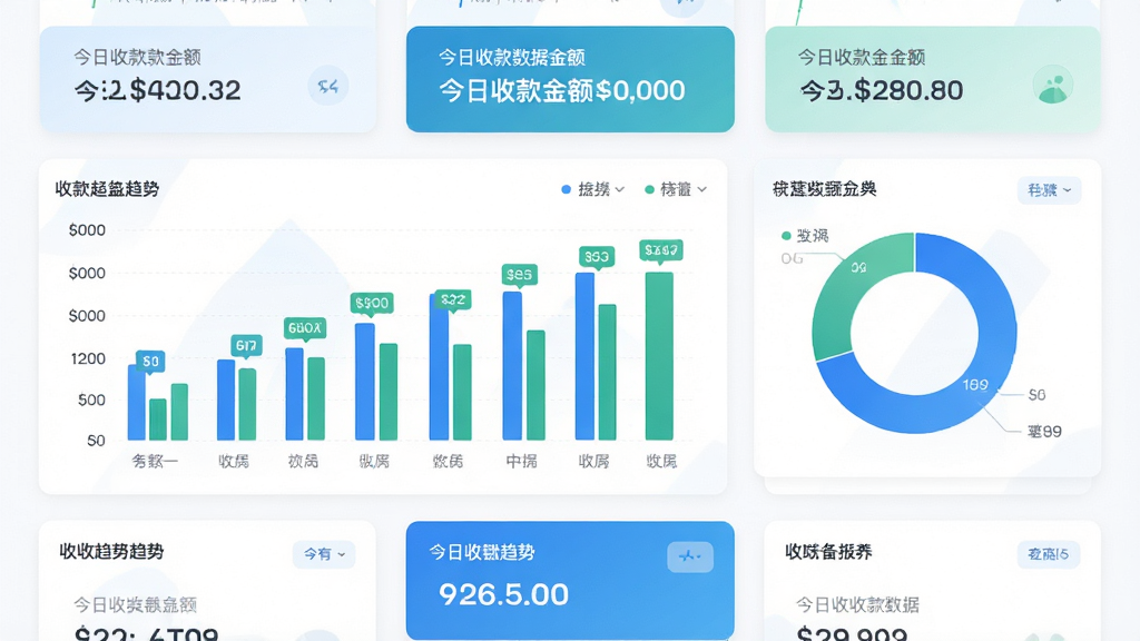 店收盈经营数据统计页面,画面中央为柱状图与环形图组合展示收款趋势,图表上方标注今日收款金额,布局为卡片式上下排列,风格清新浅色,细节包含蓝色与绿色图表色块、数字标签,画质高清干净,无多余元素