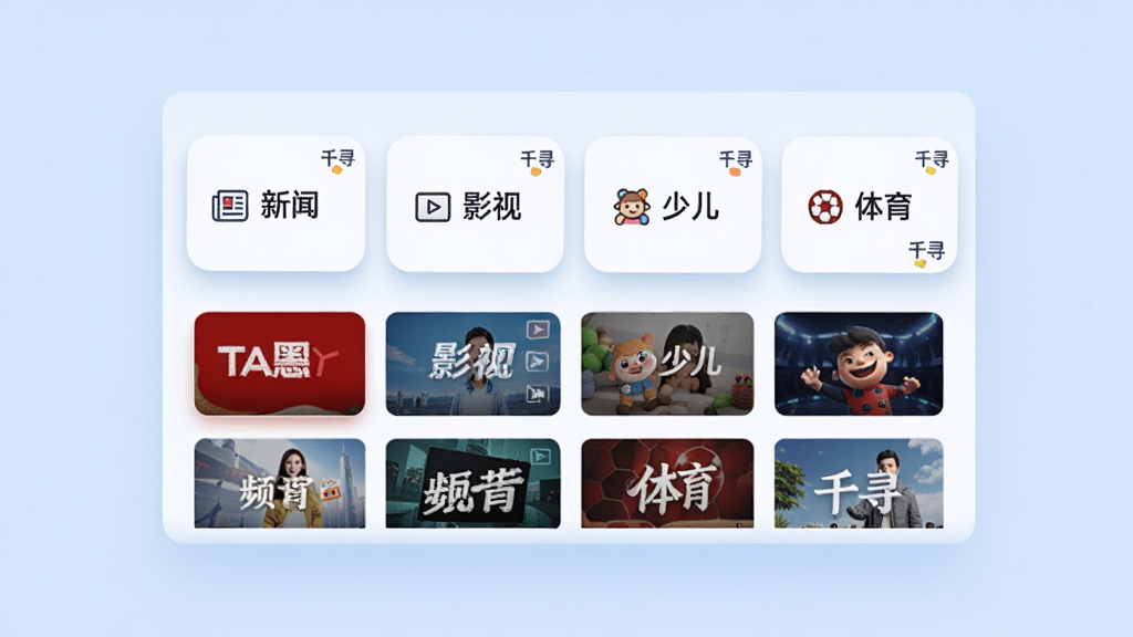 画面主体为一张悬浮在浅蓝色背景中的频道分类面板,面板上排列着“新闻”“影视”“少儿”“体育”等标签卡片,卡片角落带有“千寻”小字标识,布局为上下分层结构,上方是分类标签,下方是频道缩略图网格,风格为扁平化科技感UI展示图,细节包括卡片圆角、轻微投影、图标线条,画质清晰,画面干净,无多余元素