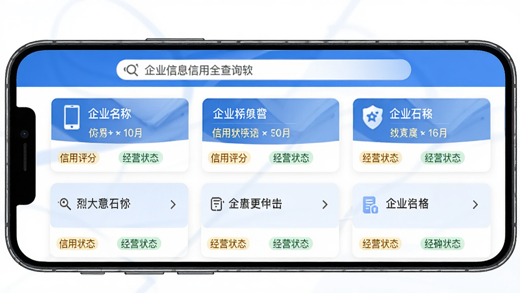主体为一部智能手机,屏幕中央显示企业信息信用全查询软件首页界面,布局为顶部搜索框加下方企业卡片列表,排版整齐清晰,风格为简约商务蓝白配色,细节包含企业名称、信用评分、经营状态标签等元素,画质高清,干净,无多余元素