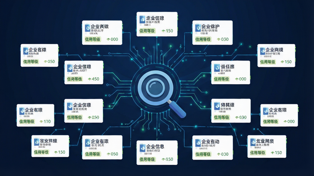 主体为一张展开的全国企业信息数据网络图,布局为中心一个放大镜图标连接四周多个企业信息卡片,排版呈放射状,风格为科技感扁平插画,细节包含企业名称标签、信用等级标识、数据线条连接,画质高清,干净,无多余元素