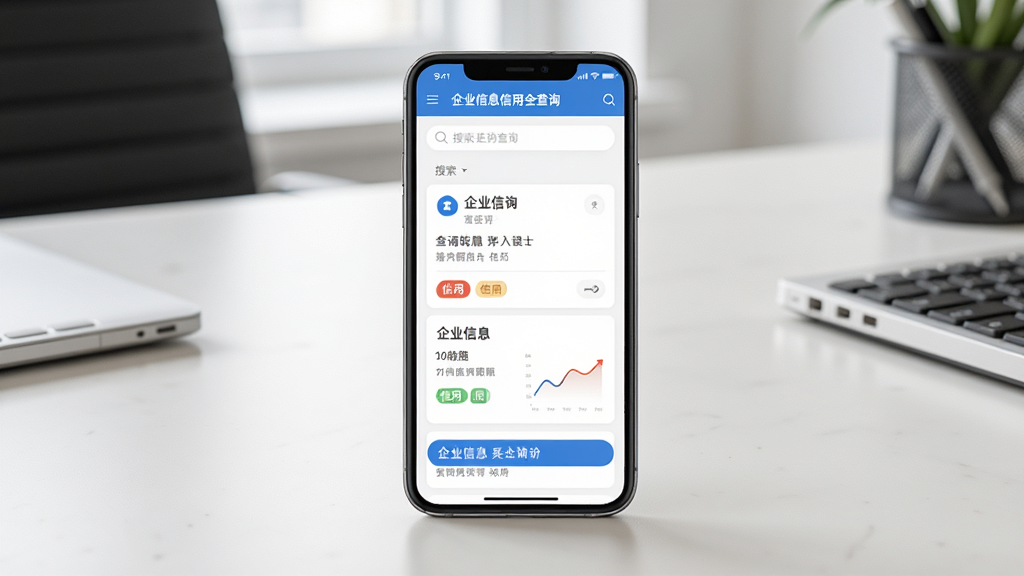 主体为一部手机放置在桌面上,屏幕显示企业信息信用全查询软件查询结果页面,布局为手机居中、背景为简洁办公桌面,排版自然,风格为写实产品展示风格,细节包含企业信息卡片、信用标签、搜索栏,画质高清,干净,无多余元素