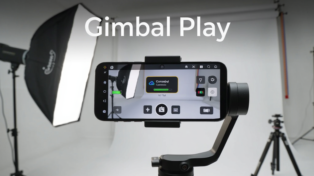 画面中央放置一部智能手机,手机屏幕显示 Gimbal Play 软件的控制界面,界面包含云台连接状态、电量指示与拍摄模式按钮,手机固定在一台黑色三轴手持云台上,背景为简洁的浅灰色摄影棚环境,左侧有一盏柔光灯,右侧放置小型三脚架,整体风格为产品展示摄影,细节清晰,画质干净,无多余元素,图片上方以简洁白色无衬线字体书写 “Gimbal Play”