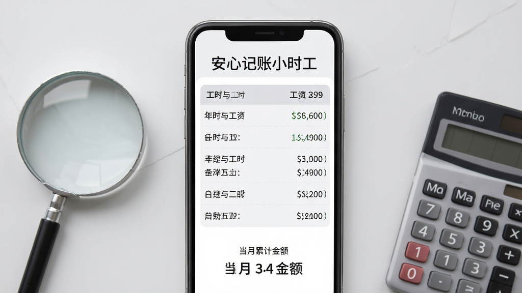 手机屏幕特写展示工资估算结果页面,页面上方写有“安心记账小时工”标题,中间是工时与工资的对应明细列表,下方显示当月累计金额,画面旁边搭配一个放大镜和计算器作为装饰,布局居中对称,风格简洁商务,浅灰背景,画质清晰无杂乱