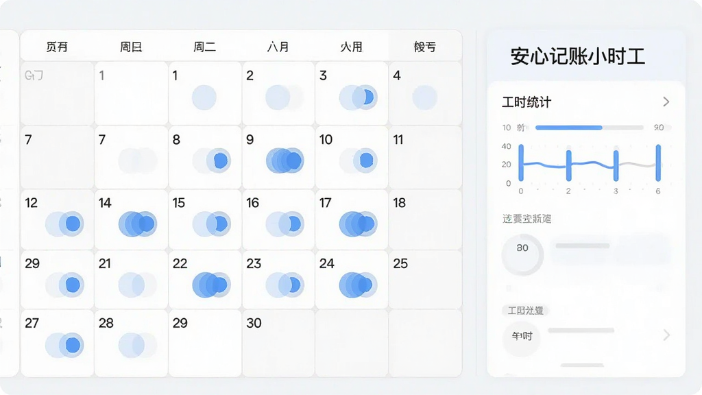一张横向构图的日历界面特写,日历格子中部分日期标记为蓝色圆点表示有工时记录,画面右侧配一个简洁的工时统计面板,面板上写有“安心记账小时工”字样,整体布局左日历右数据,风格扁平化,浅色背景,细节清晰,画质干净