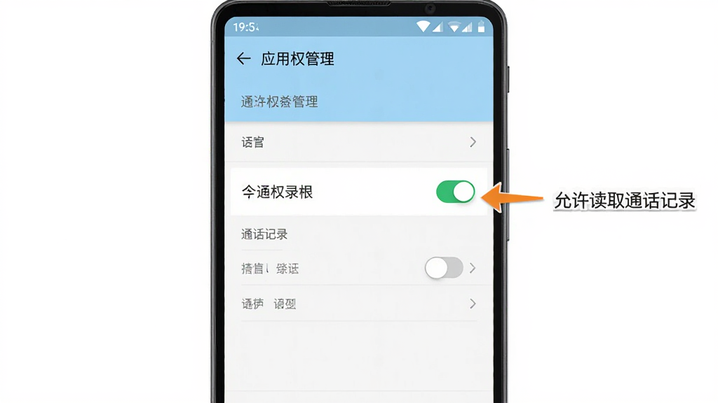 手机通话记录软件权限设置引导示意图,画面展示安卓手机设置界面中应用权限管理页面,通话记录权限开关处于开启状态,旁边配有箭头指引与文字标注“允许读取通话记录”,界面风格为系统原生设置页,配色以白色与浅蓝为主,画质清晰,排版规整