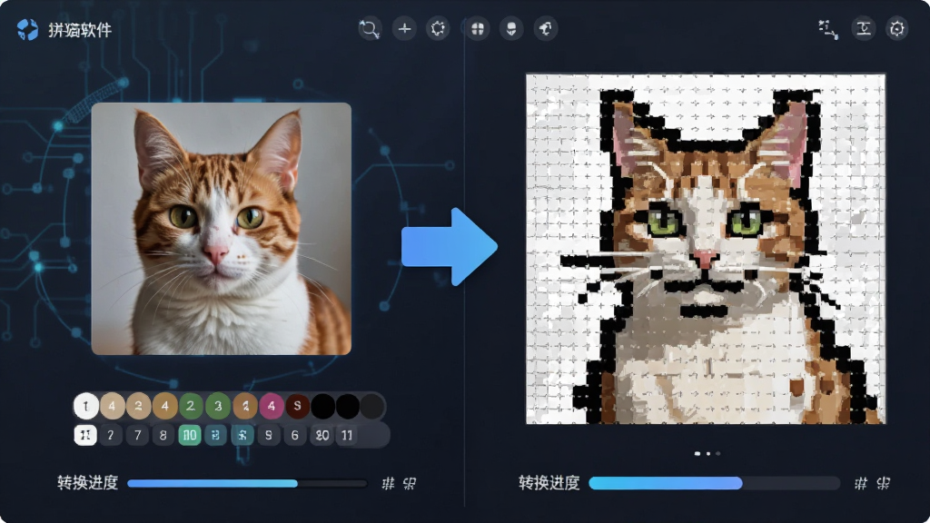 主体为豆猫拼豆软件中图片转像素功能演示界面,左侧是一张猫咪照片缩略图,右侧是转换后的像素拼豆图纸,中间有转换箭头;布局为左右对比式;排版对称;风格为科技感UI演示;细节包括色卡编号标签、转换进度条、像素格子;画质清晰,画面干净,无多余元素
