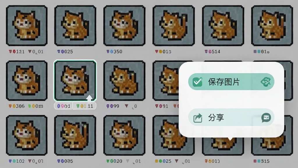 主体为豆猫拼豆作品库界面,屏幕上排列多个像素拼豆作品缩略图,其中一个作品被选中弹出导出菜单,菜单中有保存图片与分享选项;布局为网格列表加弹出面板;排版整齐;风格为移动端应用界面展示;细节包括作品缩略图边框、导出按钮高亮、色号统计小字;画质清晰,画面干净,无多余元素