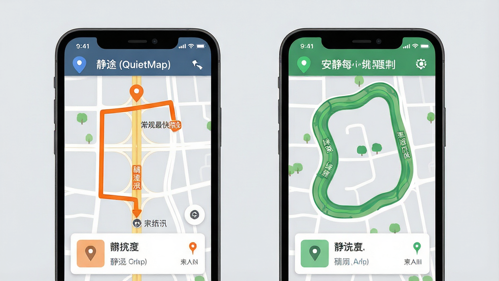一张展示地图路线规划对比的示意图,画面主体为两块并排的手机屏幕,左侧屏幕显示