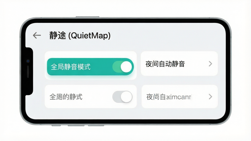 一张展示手机导航静音设置界面的插图,画面主体为横向摆放的手机屏幕,屏幕内是