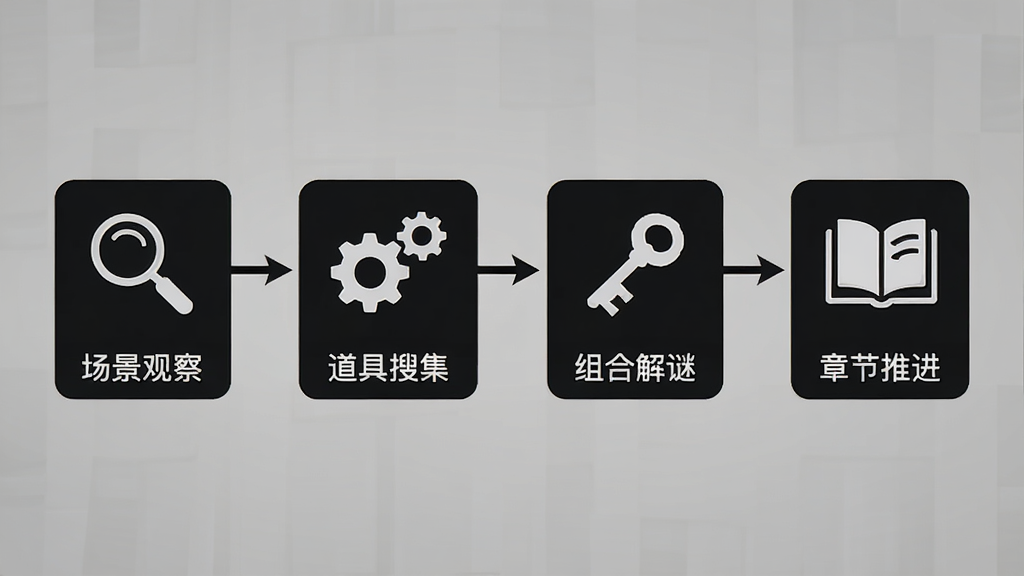画面为神秘幽灵玩法流程示意图,从左到右依次为场景观察、道具搜集、组合解谜、章节推进四个步骤,每个步骤配简洁图标与短文字标签,布局为横向流程图,风格为简约暗黑悬疑风,细节包含放大镜、齿轮、钥匙、书本图标,画质高清、干净、无多余元素