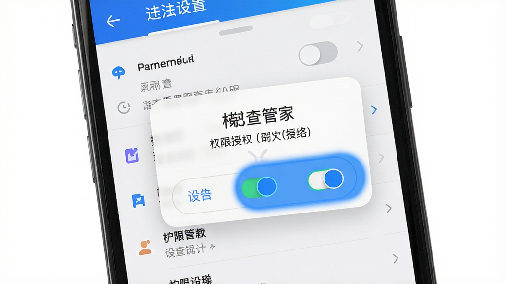 手机屏幕展示通话记录速查管家权限授权弹窗与设置界面,权限开关高亮,界面简洁清晰,蓝白配色,扁平化设计,细节丰富,高清画质,干净无多余元素