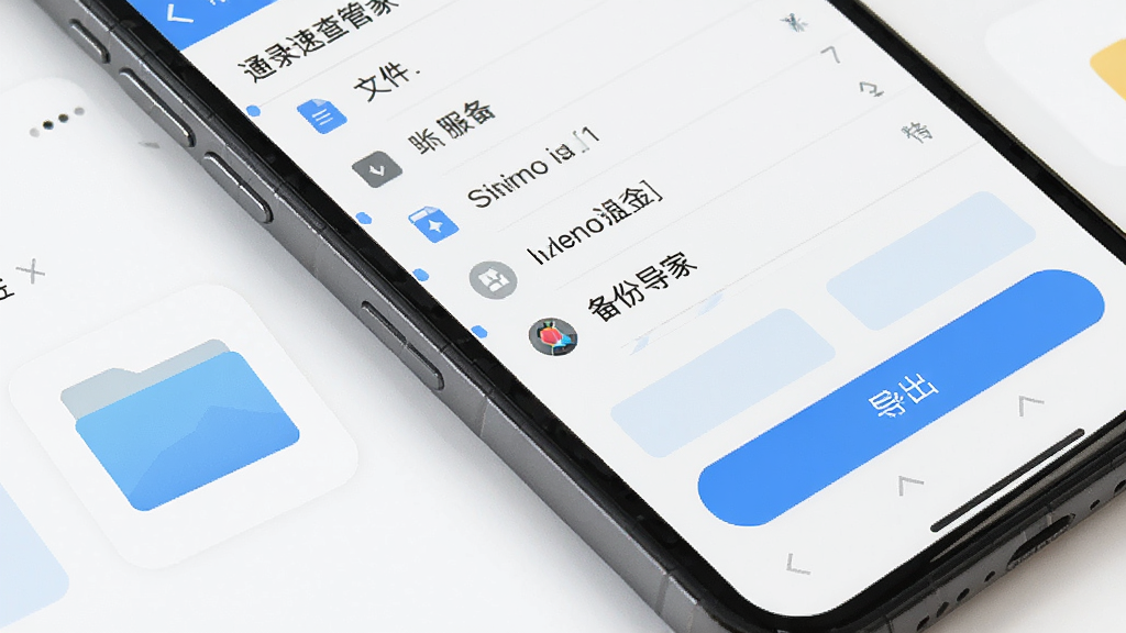 手机屏幕显示通话记录速查管家备份导出界面,文件列表与导出按钮清晰可见,旁边有存储文件夹图标,界面布局规整,浅色背景配蓝色按钮,扁平化风格,细节精致,高清画质,干净无多余元素