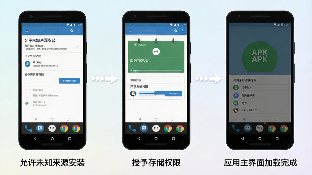 һ��չʾ��׿�ֻ���װAPK�ļ��Ĳ���ʾ��ͼ�������Ϊ�������е��ֻ���Ļ���ֱ���ʾ������δ֪��Դ��װ��������洢Ȩ�ޡ���Ӧ�������������ɡ���ÿ����Ļ�·����м�����ֱ�ע������Ϊǳɫ���䣬����ƽ����Ϣͼ�����ֺ������У�ϸ�����������ʸɾ�