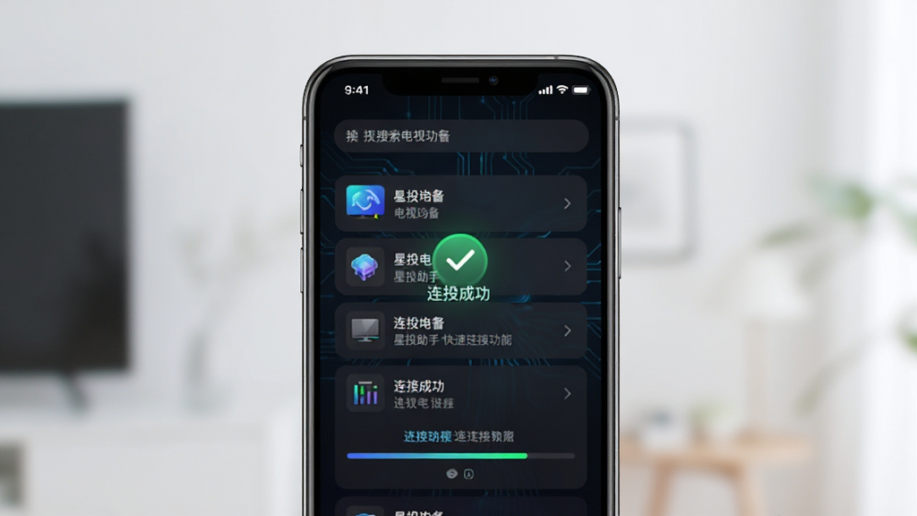 星投助手快速连接功能展示,手机界面显示搜索到的电视设备列表,连接进度条清晰可见,布局居中,风格科技简约,细节包含连接成功提示图标,画质清晰,干净无多余元素