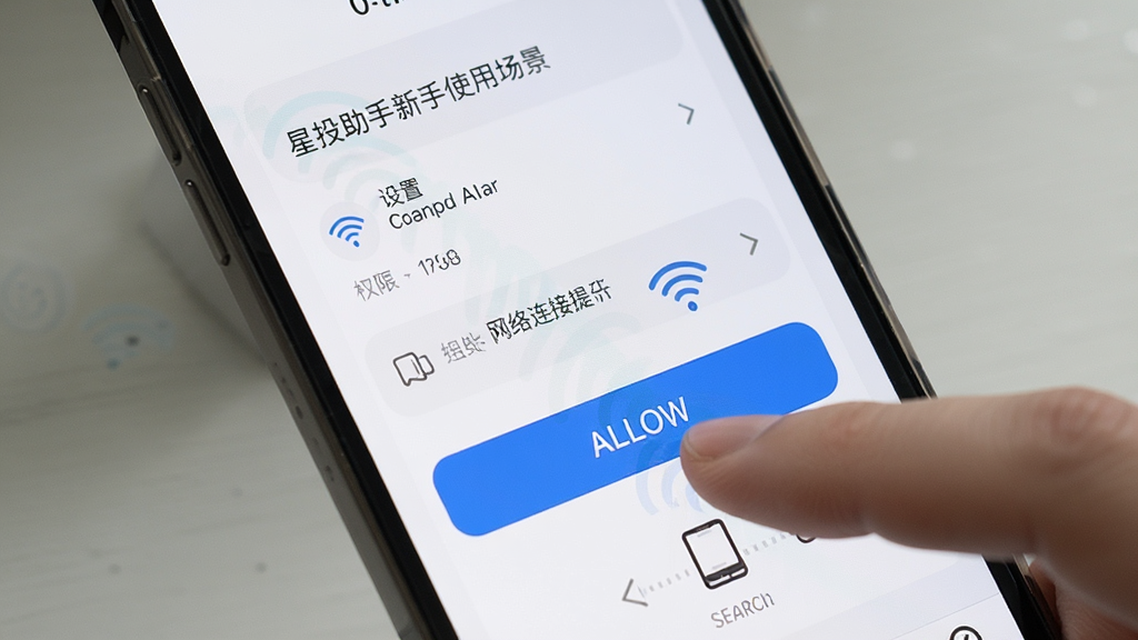 星投助手新手使用场景,手机界面显示权限设置与网络连接提示,用户手指点击允许按钮,布局清晰,风格写实,细节包含WiFi图标与设备搜索动画,画质高清,干净无多余元素