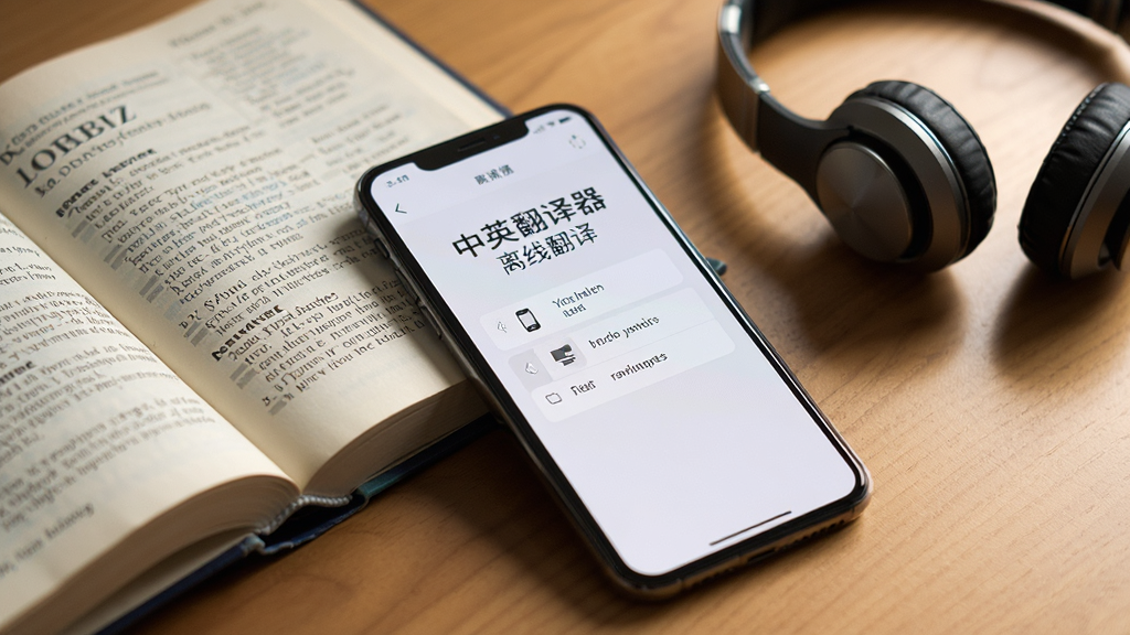 一部手机放置在桌面,屏幕显示中英翻译器离线翻译界面,旁边放着一本打开的词典和一副耳机,背景为温暖的木质桌面,光线柔和,风格为写实静物摄影,细节丰富,画质清晰干净,图片中文字为