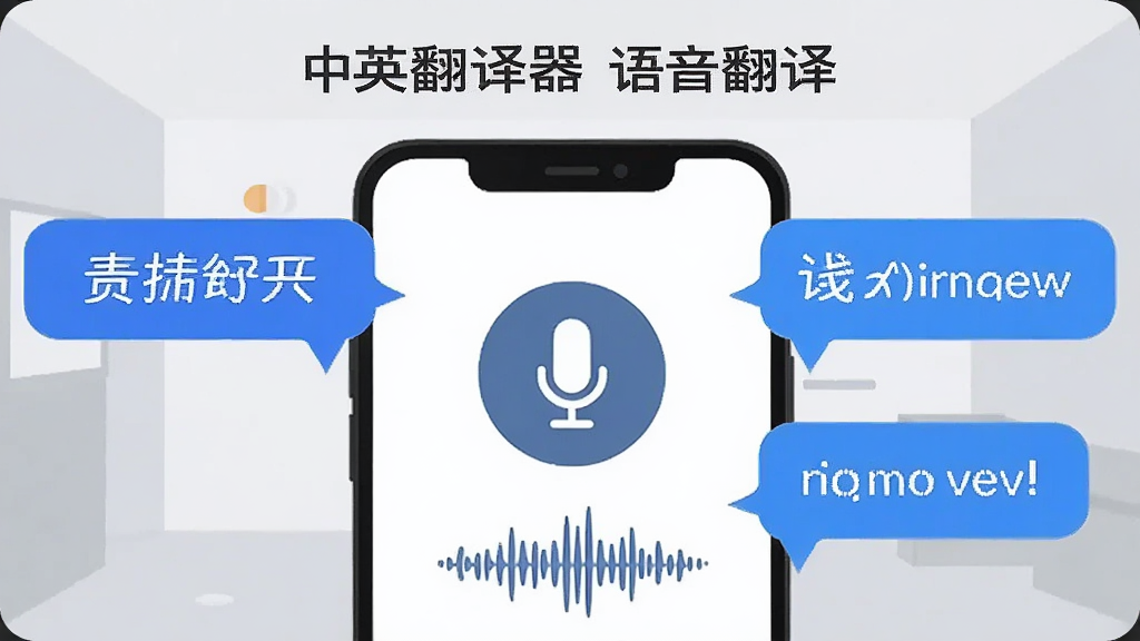 画面展示中英翻译器语音翻译功能,手机屏幕上有麦克风图标和声波图形,屏幕两侧分别飘出中文和英文对话气泡,背景为浅灰色简洁空间,风格为现代扁平插画,细节清晰,画质干净,图片中文字为