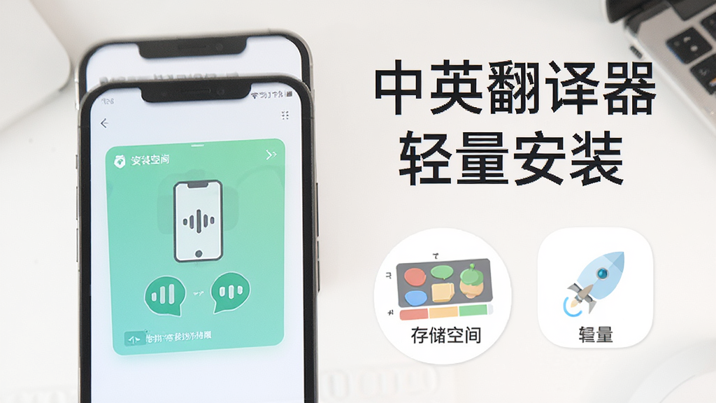 手机屏幕显示中英翻译器安装完成界面,旁边有存储空间示意图和轻量图标,背景为白色简洁桌面,风格为扁平化信息图,细节清晰,画质干净,图片中文字为