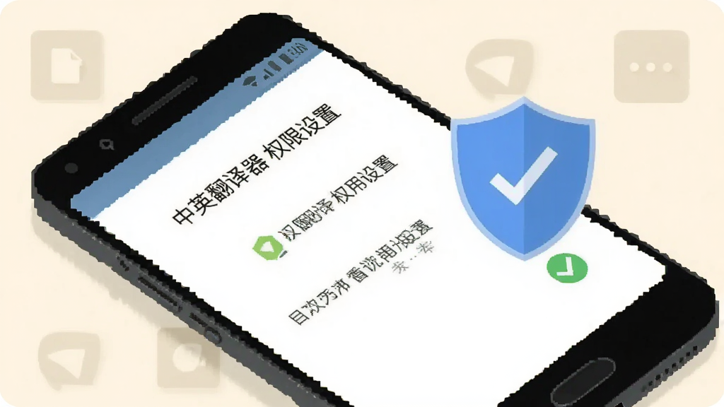 一部安卓手机屏幕显示中英翻译器权限设置界面,旁边有盾牌图标和勾选标记,背景为浅色简洁桌面,风格为扁平化安全提示插画,细节清晰,画质干净,图片中文字为