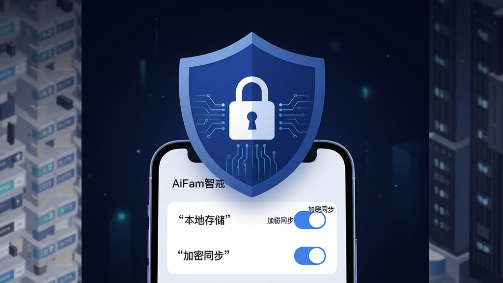 画面主体为一个盾牌形状的安全标识悬浮在手机屏幕上方,盾牌内部带有锁形图标与数据流线条,手机屏幕内展示AiFam智戒的隐私设置页面,页面中可见“本地存储”“加密同步”两个开关项;布局采用中心对称构图,盾牌位于画面正中偏上,手机位于下方;排版层次分明,安全标识为视觉焦点;风格为科技安全类扁平插画,配色以深蓝盾牌、白色锁形图标、浅色手机界面为主;细节上数据流线条细腻、开关项使用引号标注“AiFam智戒”“本地存储”“加密同步”;画质锐利干净、无多余装饰、背景为深色渐变,整体传递安全可信的视觉感受