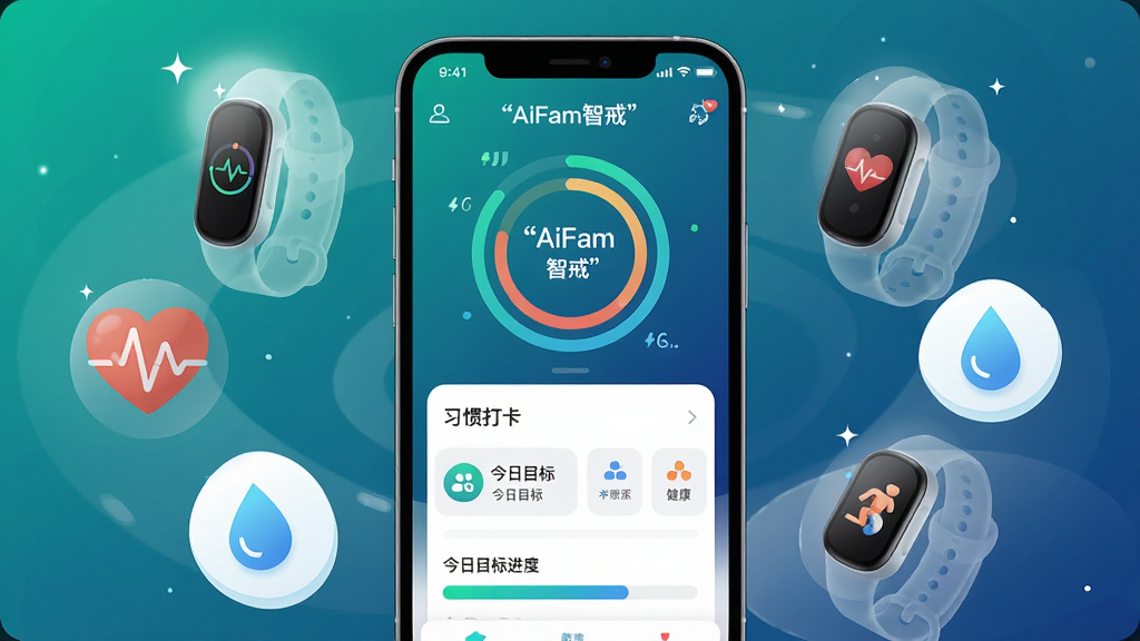 画面主体是一部竖屏智能手机,屏幕中央展示AiFam智戒应用的主界面,包含环形健康数据图表、习惯打卡列表与今日目标进度条;手机周围以半透明方式悬浮着手环设备、心率波形、水滴与运动图标,形成软硬件协同的视觉隐喻;布局采用居中对称构图,手机位于画面正中,辅助元素环绕四周;排版干净利落,信息层级分明;风格为现代科技感扁平插画,配色以青绿色与深蓝渐变为主,点缀柔和的白色高光;细节上注重图标圆角统一、数据可视化元素清晰可辨,屏幕内文字使用引号标注“AiFam智戒”“今日目标”“健康趋势”;画质要求高清锐利、干净无多余元素、无杂乱背景,整体呈现专业健康类应用的清爽视觉调性