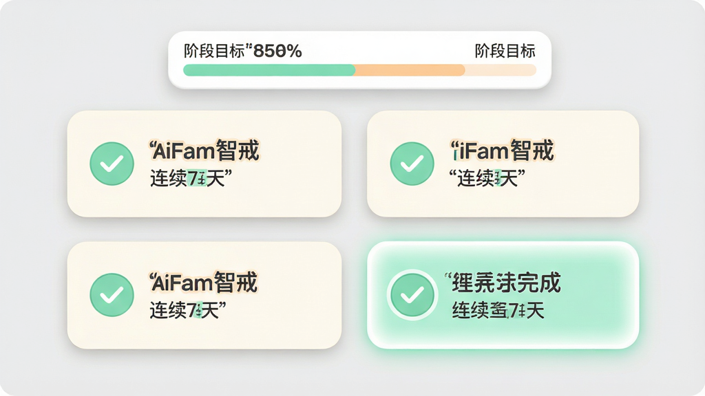 画面主体为一组排列整齐的习惯打卡卡片,每张卡片上带有圆形勾选按钮、习惯名称与连续天数标识,部分卡片显示“已完成”状态并带有微光效果;卡片上方悬浮一条进度条,标注“阶段目标”与百分比数值;布局采用网格状排列,三行两列,卡片之间间距一致;排版规整,视觉重心落在已完成卡片的亮色高亮上;风格为柔和圆角卡片式UI插画,配色以奶白色卡片、薄荷绿勾选与浅橙进度条为主;细节上卡片阴影轻柔、按钮圆润、连续天数使用引号标注“AiFam智戒”“连续7天”“阶段目标”;画质清晰干净、无多余元素、背景为浅灰纯色,整体呈现轻松友好的习惯养成氛围