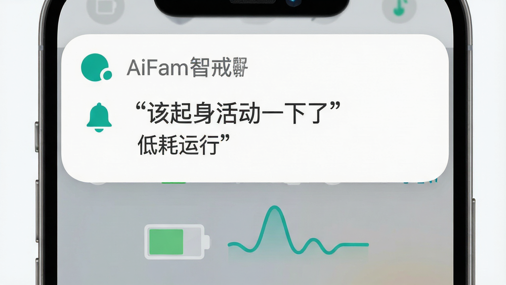 画面主体为一部手机屏幕顶部下拉通知栏的特写,通知栏内显示一条来自AiFam智戒的温和提醒卡片,卡片上带有小铃铛图标与“该起身活动一下了”的文字示意;手机屏幕下方以半透明方式展示电池图标与低功耗波形线,暗示后台省电运行;布局采用上下结构,通知栏卡片位于画面上方三分之一处,电池与波形元素位于下方;排版简洁,重点突出提醒卡片;风格为扁平化系统界面风格,配色以浅灰通知栏底、白色卡片、青绿色图标与深灰文字为主;细节上通知卡片圆角柔和、铃铛图标线条简洁、文字使用引号标注“AiFam智戒”“温和提醒”“低耗运行”;画质高清、干净无多余元素、背景简洁,整体呈现系统级通知的清爽观感