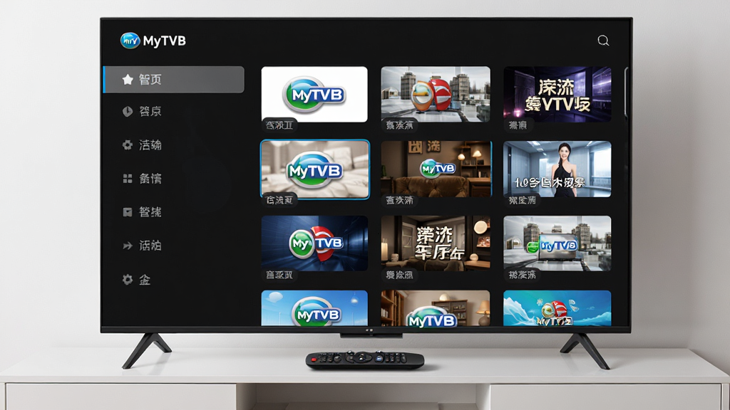 ����������չʾ������������һ̨���ܵ��ӣ���Ļ�ϳ���MyTVBӦ�õ�Ƶ���б����棬���Ϊ���ർ�������Ҳ�ΪƵ������ͼ�������岼��������������ִ���ϸ�ڰ���ң�������ڵ��ӹ��ϣ����ʸ��壬�ɾ��޶���Ԫ��