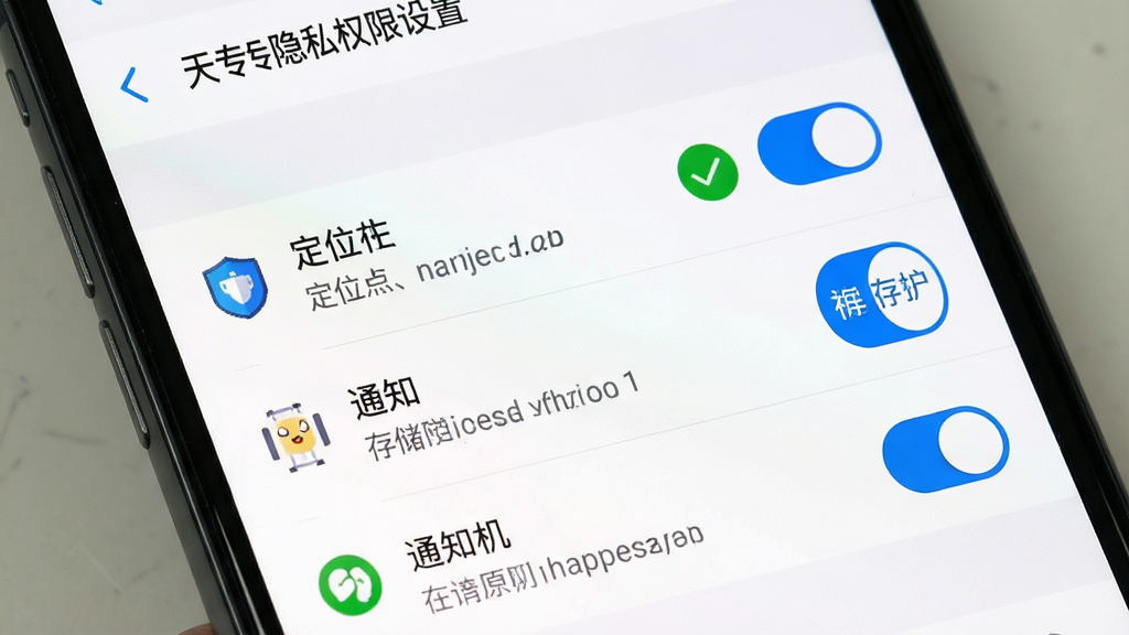 画面主体为手机屏幕显示“今日天气专家”的隐私权限设置界面,界面上列出定位、通知、存储等权限开关,定位权限旁有绿色对勾标识;布局为纵向列表,每个权限项配有图标与说明文字;风格为简洁的设置页面风格,配色以白色背景搭配蓝色开关按钮;细节上文字清晰,开关状态明确;画质干净,排版整齐,无多余元素。