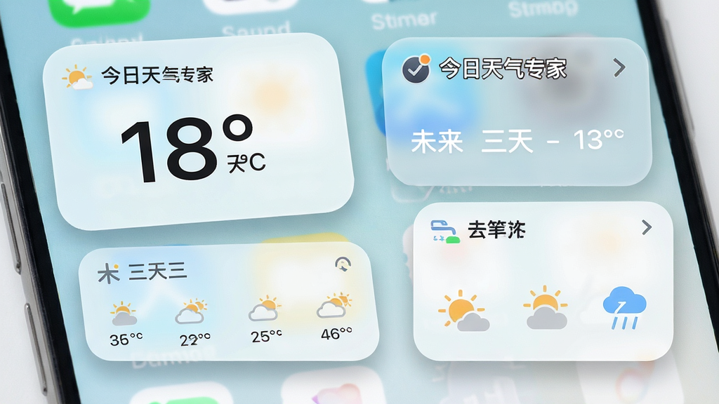 画面主体为手机桌面场景,桌面上放置了三个不同尺寸的“今日天气专家”小组件,分别显示大号温度数字、未来三天预报和简洁天气图标;布局为桌面网格排列,小组件错落有致;风格为清新简约的拟物化桌面风格,配色以浅色壁纸搭配白色半透明组件;细节上组件边缘有圆角与轻微阴影,图标精致;画质明亮清晰,干净无杂乱。