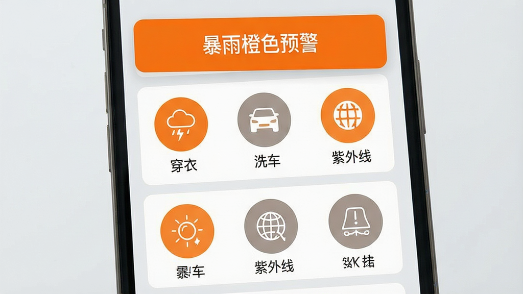 画面主体为手机界面截图风格,屏幕上方弹出橙色预警横幅,横幅内写有“暴雨橙色预警”字样,下方排列着穿衣、洗车、紫外线等多个圆形生活指数图标;布局为纵向列表式,预警横幅置顶;风格为扁平化卡片设计,配色以橙色预警色与浅灰底色形成对比;细节上每个图标配有简洁的线条插画,文字清晰可读;画质干净,排版规整,无多余装饰。