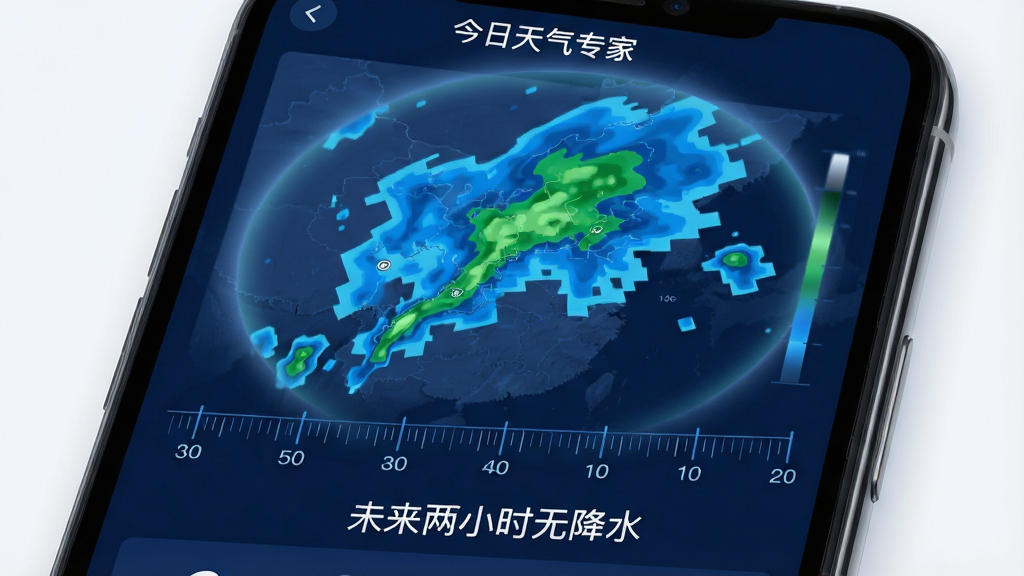 画面主体为手机屏幕特写,屏幕中央显示“今日天气专家”的分钟级降水雷达图,图上用蓝色与绿色色块标注降雨区域与强度,下方有清晰的时间轴刻度;布局为上下结构,上方为雷达图,下方为文字说明“未来两小时无降水”;风格为数据可视化科技风,配色以深蓝背景搭配亮色数据图层;细节上雷达图边缘有柔和光晕效果,时间轴刻度精细;画质高清,干净整洁,无杂乱元素。