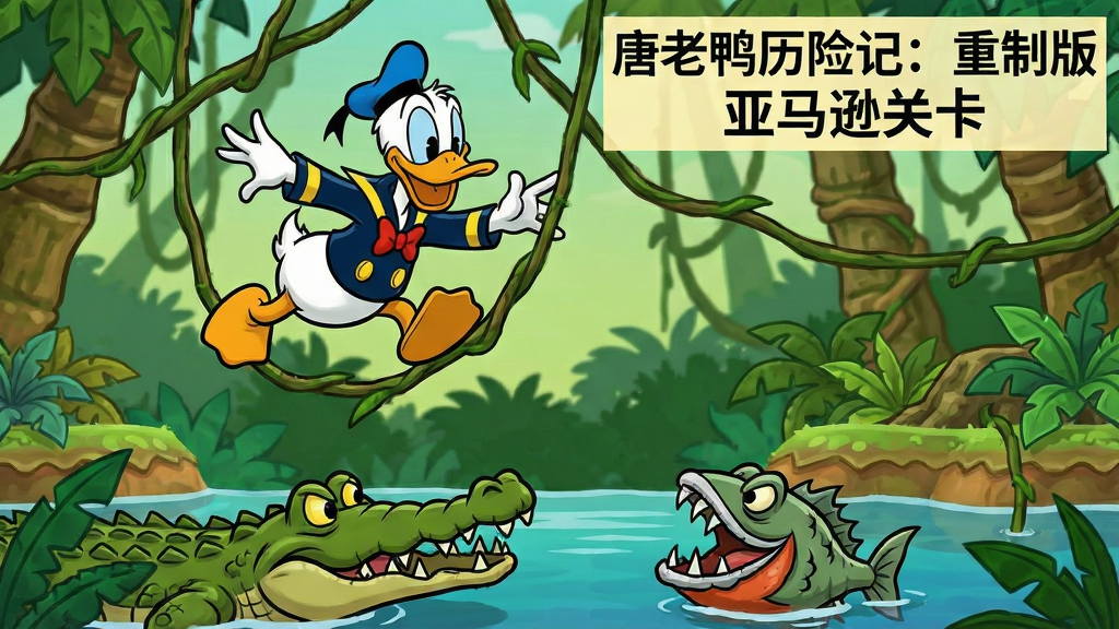 一张展示游戏内亚马逊丛林关卡的截图风格插画,画面中唐老鸭正在藤蔓间跳跃,下方是鳄鱼与食人鱼,画面右上角标注“唐老鸭历险记:重制版 亚马逊关卡”,手绘卡通风格,色彩层次分明,画质清晰,干净无杂乱元素