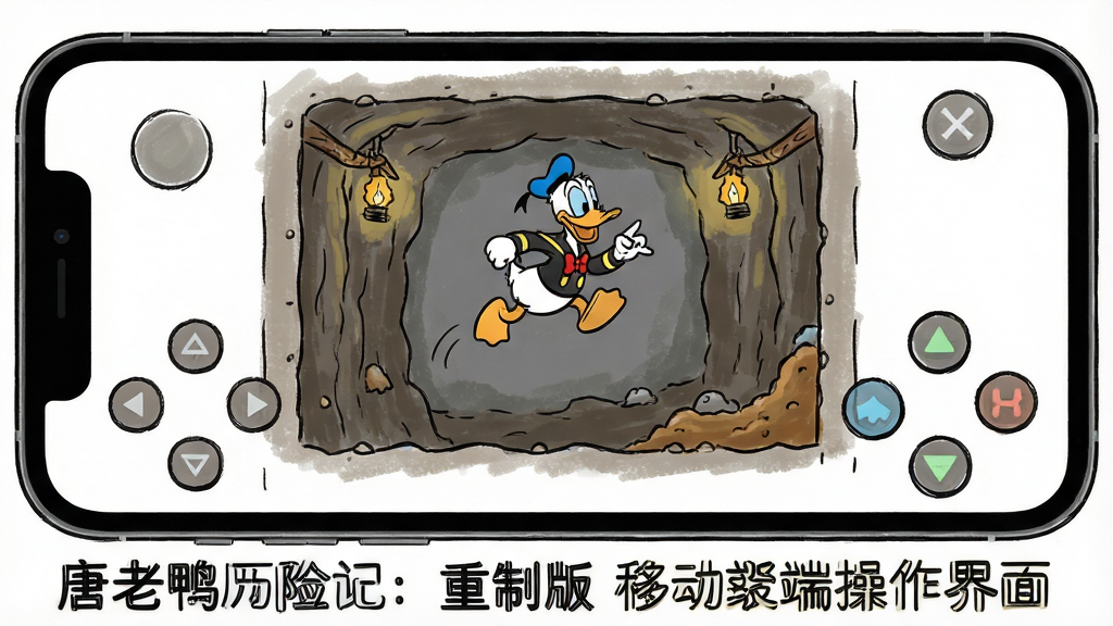 一张展示手机横屏游戏界面的示意图,画面中虚拟按键分布在屏幕左右两侧,中间是唐老鸭在矿井关卡中跳跃的场景,画面下方标注“唐老鸭历险记:重制版 移动端操作界面”,手绘卡通风格,按键布局清晰,画质干净,无杂乱元素