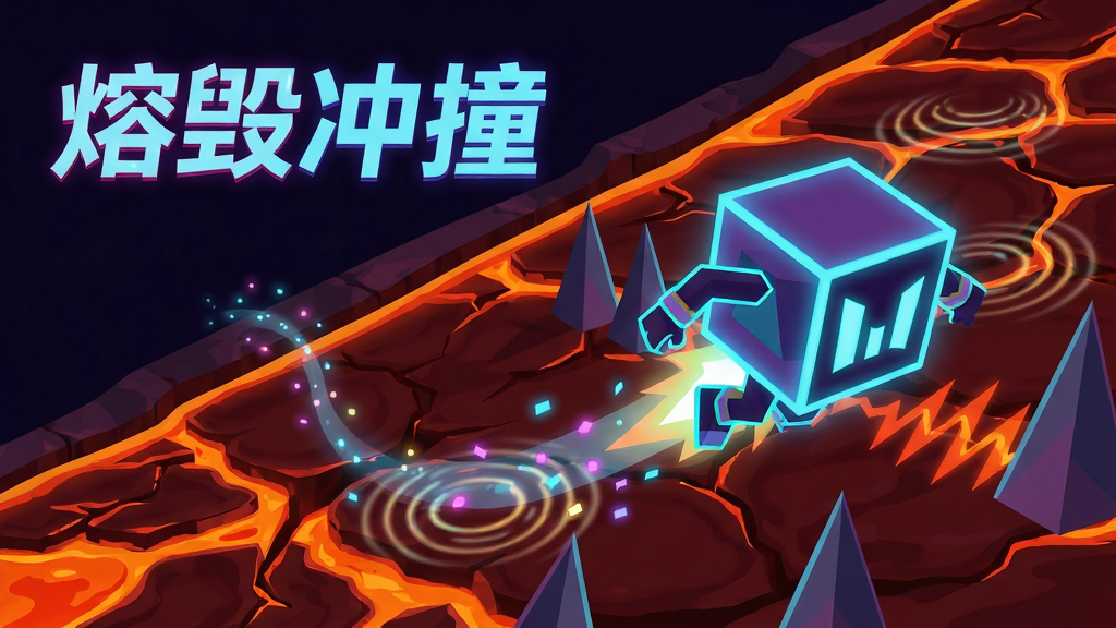 主体为一块发光的几何方块角色在熔岩主题的赛道上飞跃尖刺障碍,布局采用斜向动感构图,左侧放置游戏标题文字“熔毁冲撞”,排版上标题居左上、角色居右下形成对角线视觉引导,风格为霓虹科技感扁平插画,细节包括熔岩裂纹地面、发光粒子轨迹、立体尖刺与节奏波纹,画质高清、干净、无多余元素