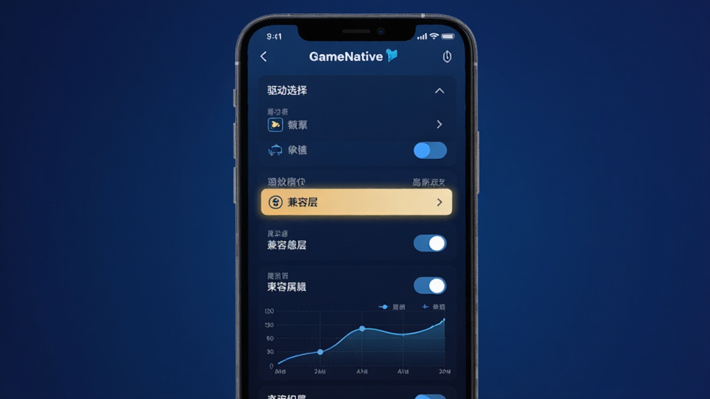 一张展示GameNative图形设置页面的示意图,画面主体是手机屏幕内的驱动选择列表和渲染参数开关,背景为深蓝色渐变,布局为纵向列表居中,风格为科技感UI插画,细节包括高亮的兼容层选项和性能曲线小图表,画质清晰干净,无多余元素
