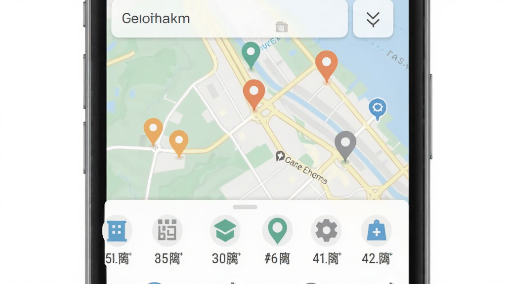 手机界面展示周边地点搜索列表,地图上分布着多个位置标记,下方是分类图标与距离信息,整体排版整齐,风格清新,画质干净,无多余元素