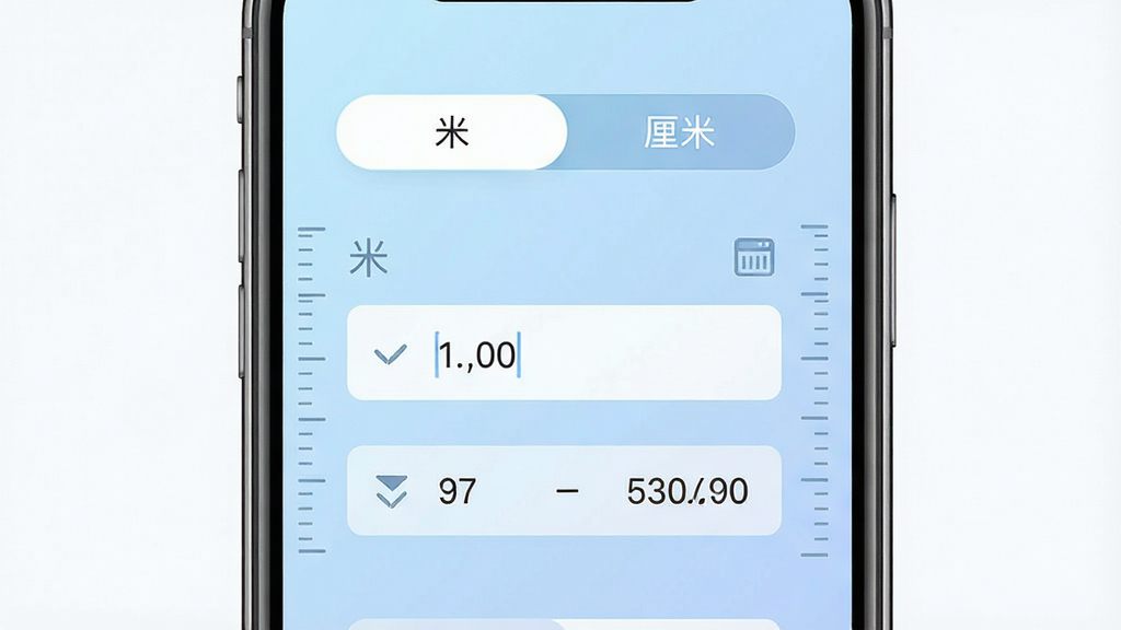 一张展示单位换算功能界面的图片,画面中手机屏幕显示长度单位换算页面,上方有“米”与“厘米”的选项标签,中间是数值输入框与换算结果,背景为淡蓝色渐变,布局居中规整,风格为清爽科技风,细节包括图标与刻度元素,画质清晰,画面干净无多余元素