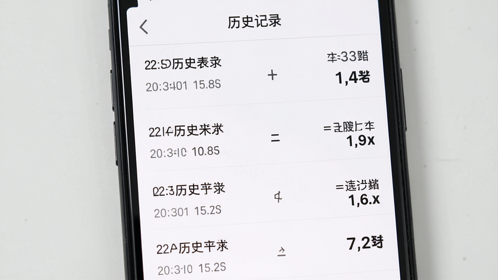 一张展示计算历史记录列表的图片,画面中手机屏幕显示多条算式记录,每条记录包含算式与结果,屏幕顶部有“历史记录”标签,背景为浅白色,布局为纵向列表排列,风格为极简工具风,细节包括时间戳与结果数字,画质清晰,画面干净无多余元素