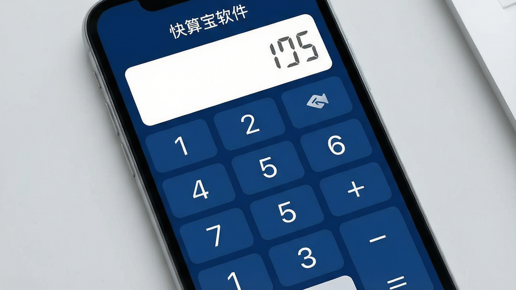 一张手机屏幕正面展示计算器应用界面的图片,画面中央是简洁的深蓝色数字键盘与白色显示区域,屏幕上方显示软件名称“快算宝软件”,背景为浅灰色桌面,整体布局干净规整,风格为现代扁平化设计,细节包括清晰的按键图标与数字字体,画质清晰锐利,画面干净无多余元素