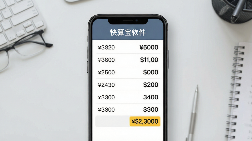 一张展示账目累加功能的图片,画面中手机屏幕显示一串金额列表与合计数字,屏幕上方标注“快算宝软件”字样,背景为浅灰色办公桌面,布局以手机为中心,风格为简约商务风,细节包括数字列表与合计高亮,画质清晰,画面干净无多余元素