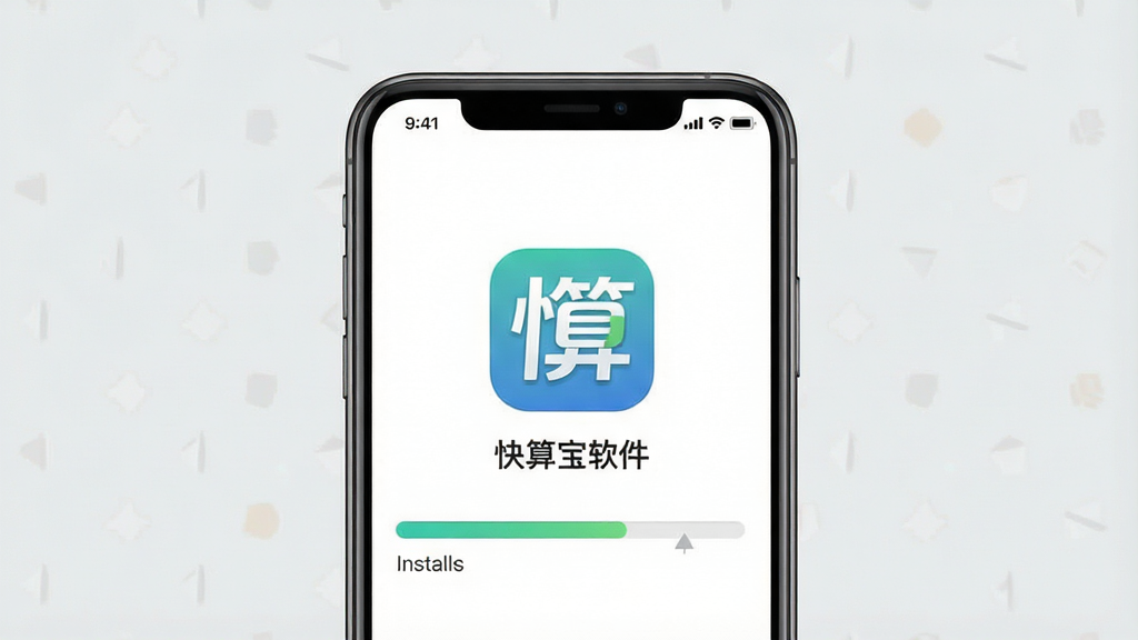 一张展示手机安装应用过程的图片,画面中手机屏幕显示安装进度条与“快算宝软件”图标,背景为浅灰色,布局以手机屏幕为中心,风格为简洁示意风,细节包括进度条与图标,画质清晰,画面干净无多余元素