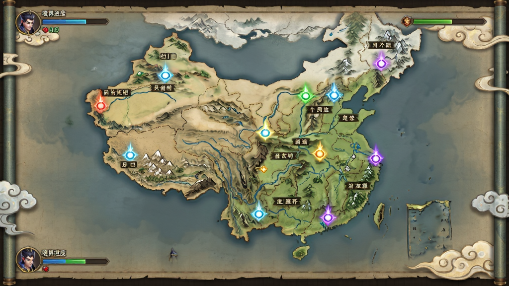 画面主体为神创九州游戏内的九州地图界面,布局为俯视全景式地图,中央为九州大陆轮廓,四周分布着不同颜色的区域标记点,排版上地图占据画面主体,角落有小型的境界进度条与角色头像,风格为国风古卷轴质感,细节包括山川河流纹理、区域名称标签、发光的传送点、卷轴边缘的云纹装饰,画质清晰,画面干净整洁