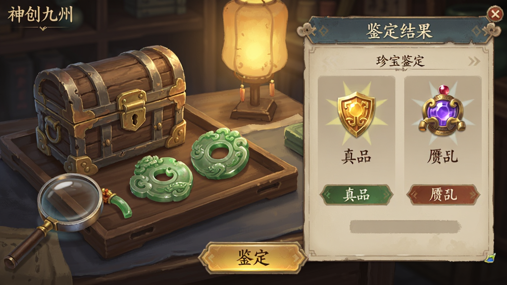 画面主体为神创九州游戏内的珍宝鉴定界面,布局为左右分栏,左侧为待鉴定的古朴宝箱与玉器摆件,右侧为鉴定结果面板显示真品与赝品标识,排版上鉴定按钮位于画面下方居中,风格为国风古玩店氛围,细节包括放大镜工具、木质托盘、暖黄色灯光、珍宝表面的纹路光泽,画质精细,画面干净无杂乱元素
