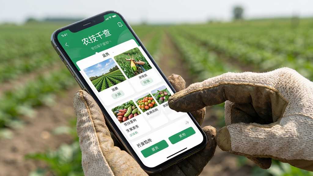 主体是一部手机屏幕显示农技千查软件正常运行界面,布局为手机斜放在农田背景前,排版采用前景手机后景虚化农田的层次构图,风格为写实场景风,细节包括屏幕中清晰展示软件首页内容且手机旁有一双戴着农活手套的手正在操作,画质高清干净无多余元素