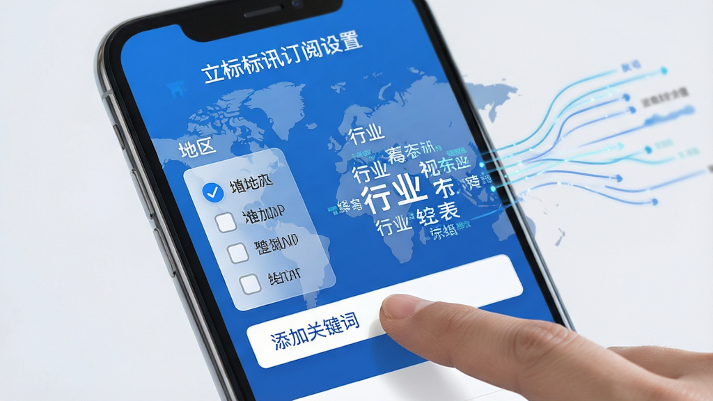 立达标讯订阅设置界面,手机屏幕显示地区勾选列表与行业标签云,用户手指正点击添加关键词,界面配色为蓝白相间,背景有半透明的地图轮廓与数据流向线条,风格现代科技感,画面干净,高清画质