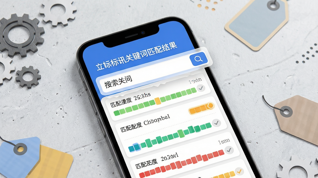 立达标讯关键词匹配结果页面,手机屏幕展示搜索框内输入关键词后弹出的结果列表,每条结果旁有匹配度色条标识,背景为浅灰质感桌面,配有齿轮与标签图形装饰,风格清爽实用,画面干净,高清画质