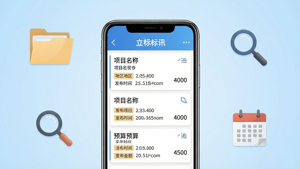 立达标讯应用主界面展示,手机屏幕居中摆放,屏幕内显示招投标信息流列表,包含项目名称、地区标签、发布时间与预算金额字段,背景为浅蓝色渐变,周围点缀文件夹、放大镜与日历图标,整体风格简洁商务,画面干净,高清画质,无多余元素